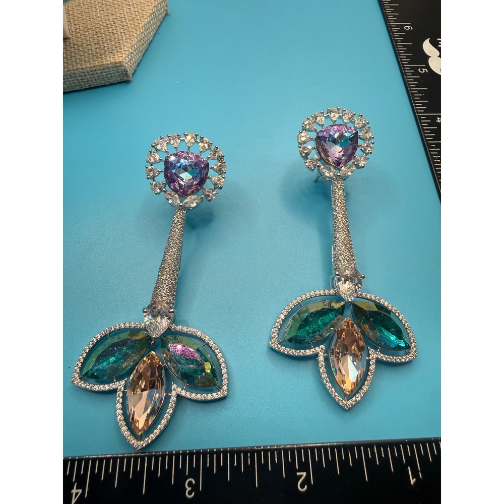 Multi-Color Crystal Statement Drop Earrings‎ Silver Tone Heart Floral Chandelier
